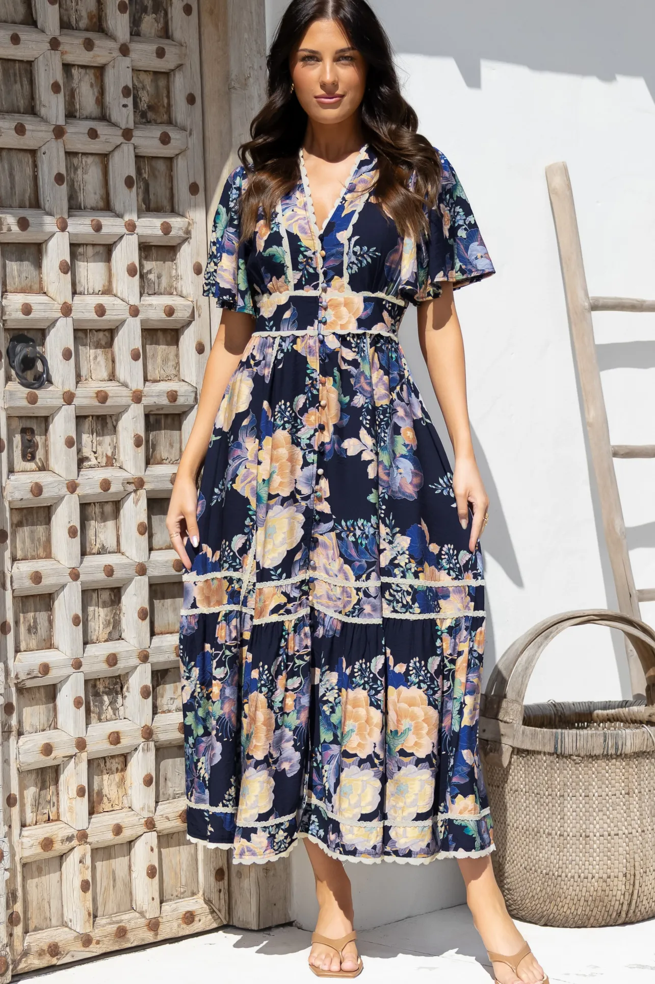 Nolette Maxi Dress - Lace Trim Button Down Dress with Flutter Sleeves in Ana Print Navy>Salty Crush Clearance