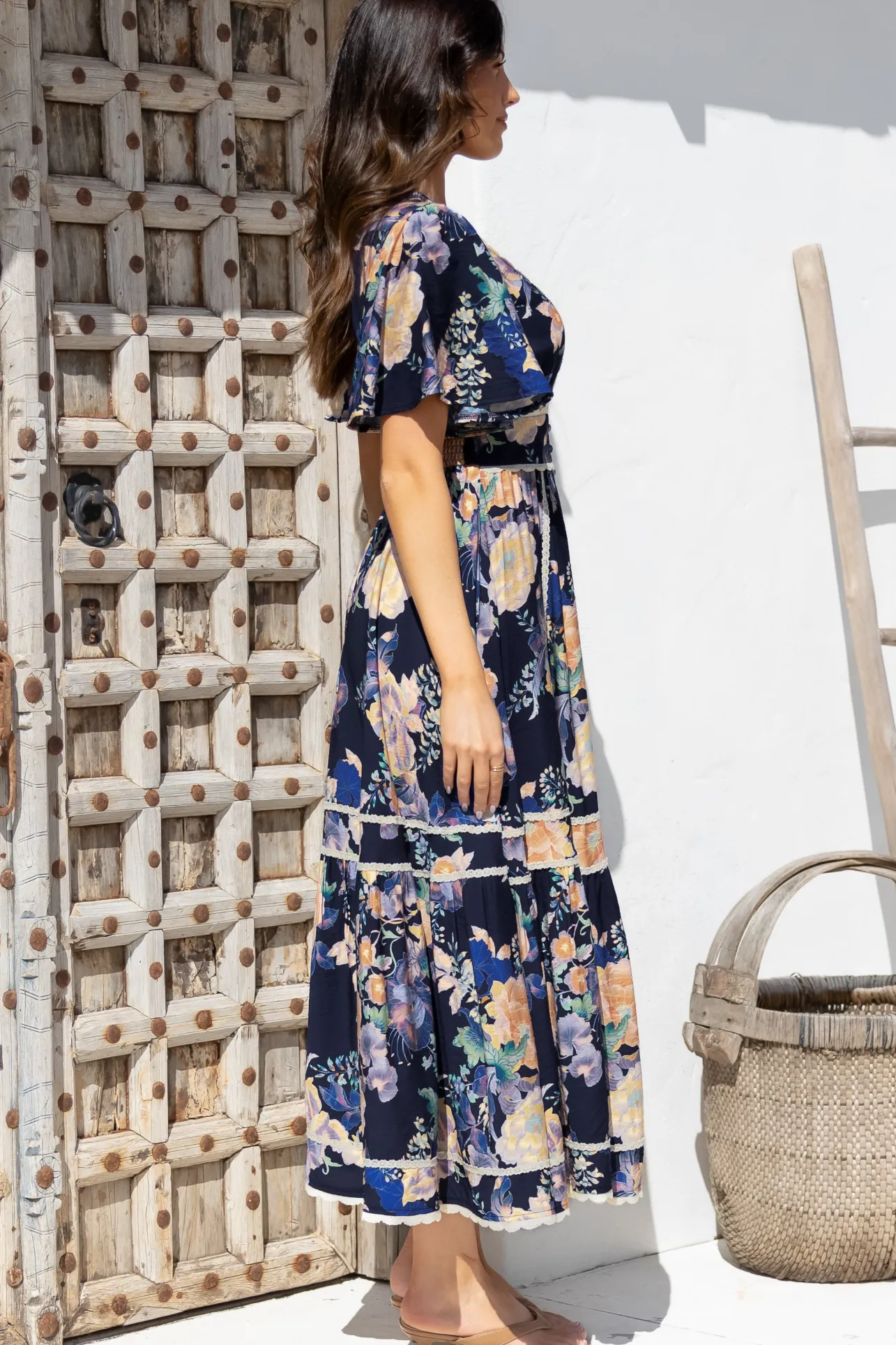 Nolette Maxi Dress - Lace Trim Button Down Dress with Flutter Sleeves in Ana Print Navy>Salty Crush Clearance