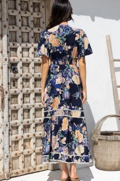 Nolette Maxi Dress - Lace Trim Button Down Dress with Flutter Sleeves in Ana Print Navy><noscript><img width=