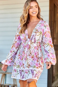 North Mini Dress - Deep V-Neck A-Line Dress with Lace Trims in Acadia Print>Jaase Outlet