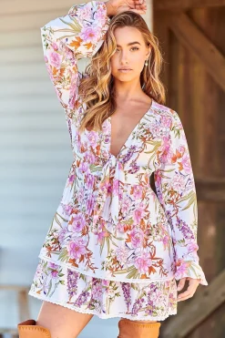 North Mini Dress - Deep V-Neck A-Line Dress with Lace Trims in Acadia Print><noscript><img width=