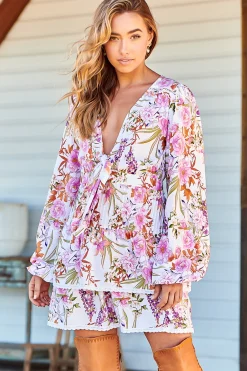 North Mini Dress - Deep V-Neck A-Line Dress with Lace Trims in Acadia Print><noscript><img width=