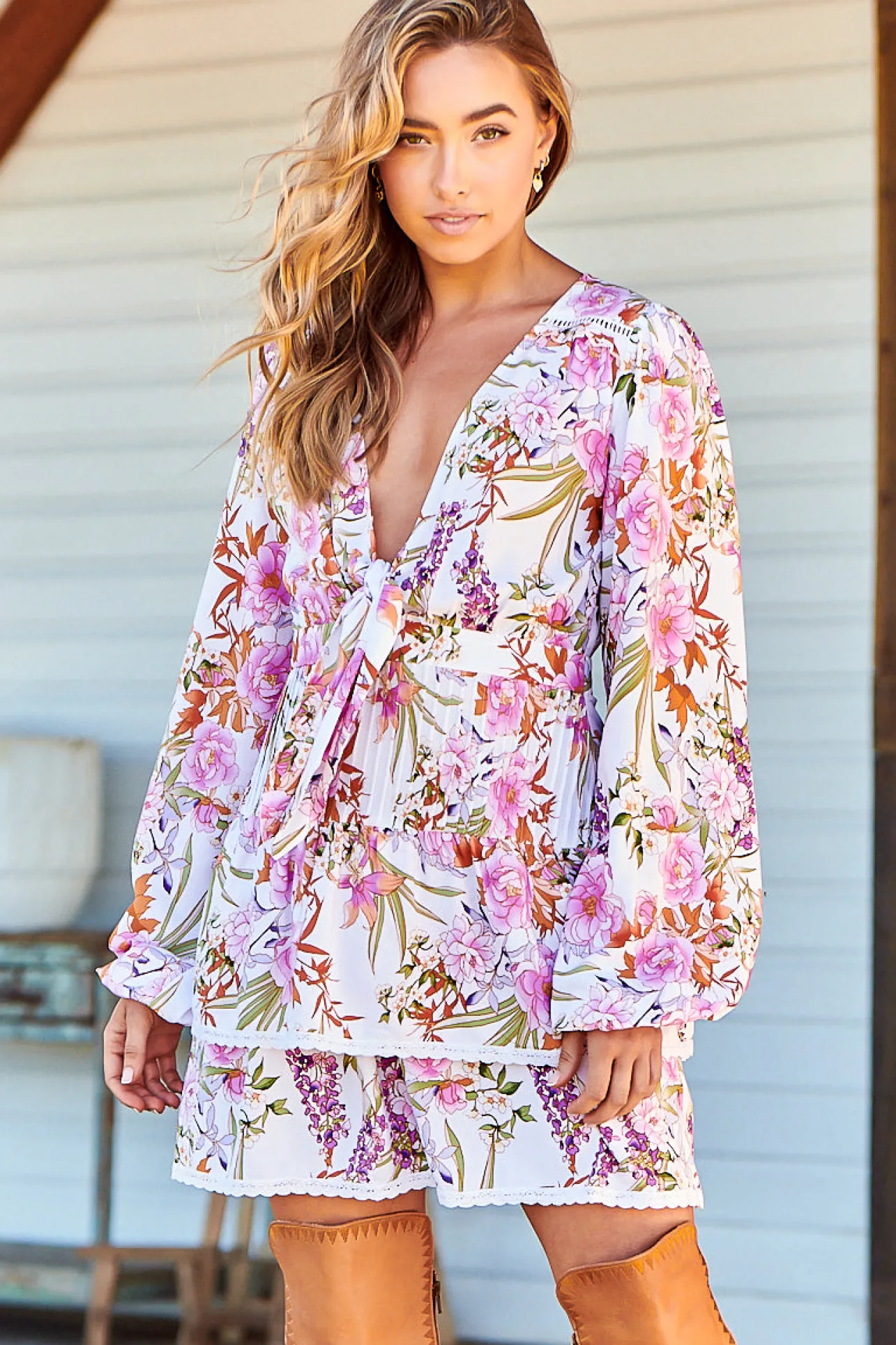 North Mini Dress - Deep V-Neck A-Line Dress with Lace Trims in Acadia Print>Jaase Outlet