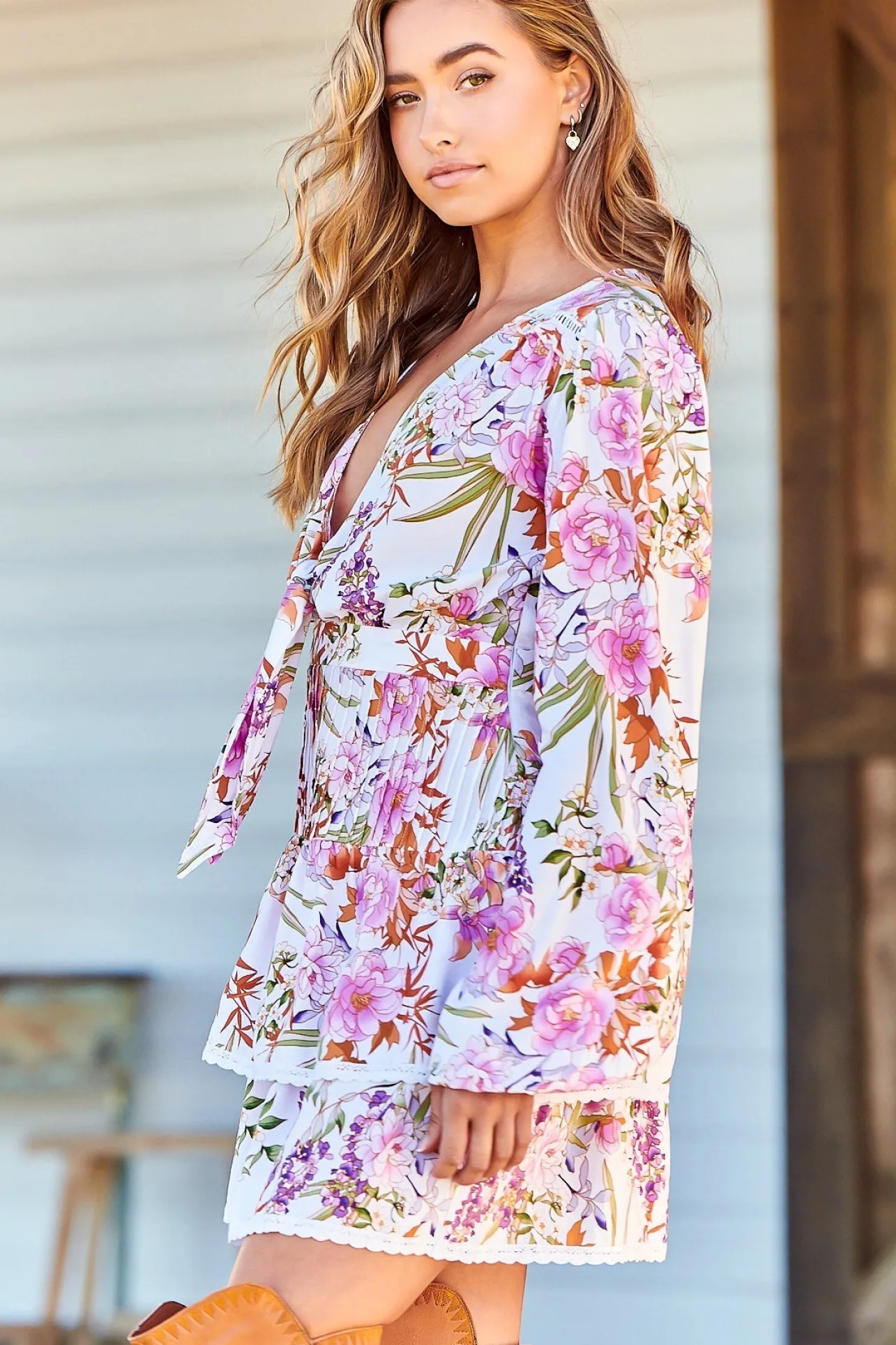North Mini Dress - Deep V-Neck A-Line Dress with Lace Trims in Acadia Print>Jaase Outlet