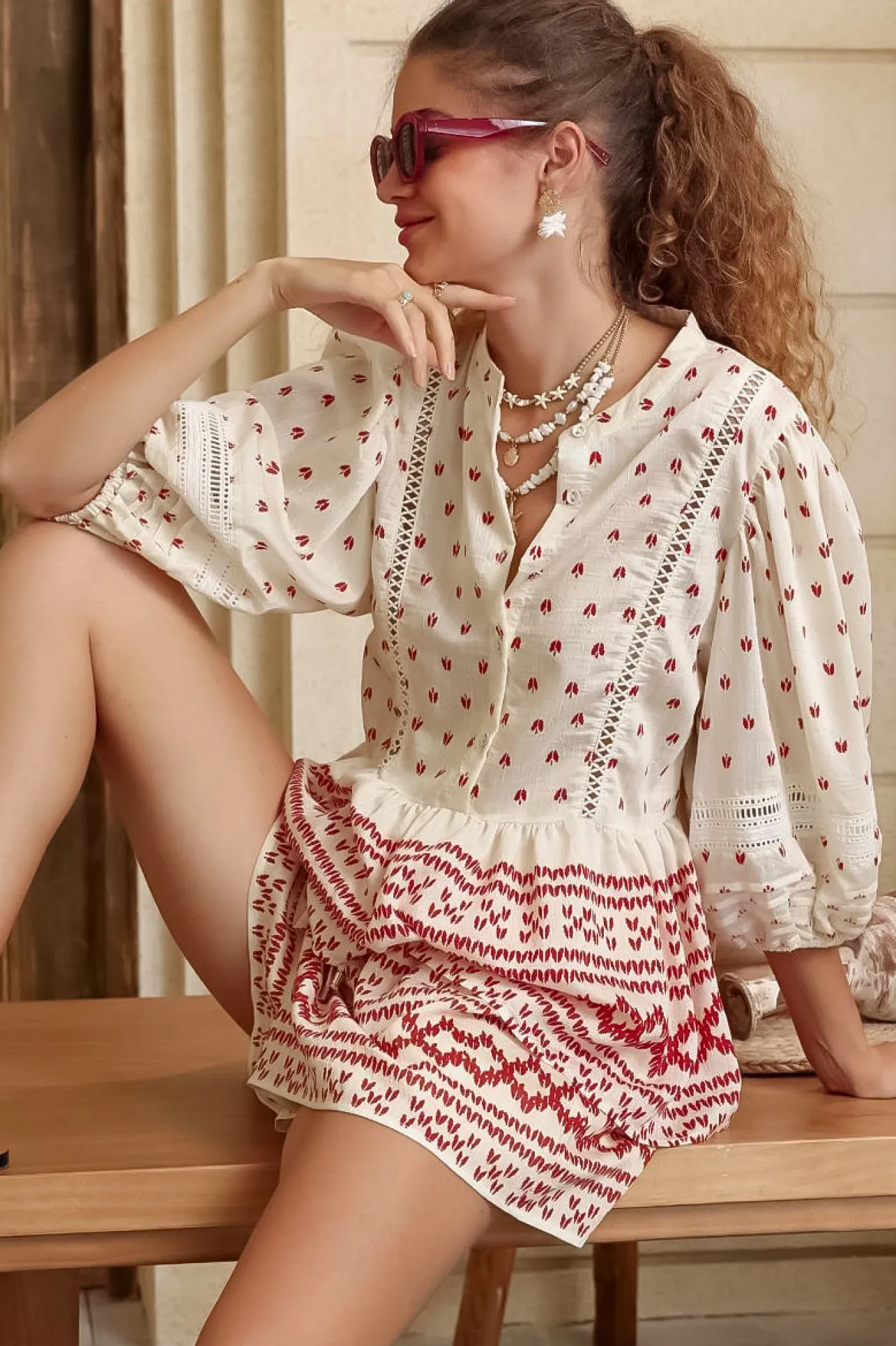 Nova Top - Mandarin Collar Pull Over Pleat Detailed Top in Fay Print>Salty Crush Online