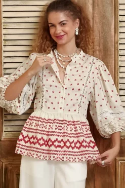 Nova Top - Mandarin Collar Pull Over Pleat Detailed Top in Fay Print>Salty Crush Online
