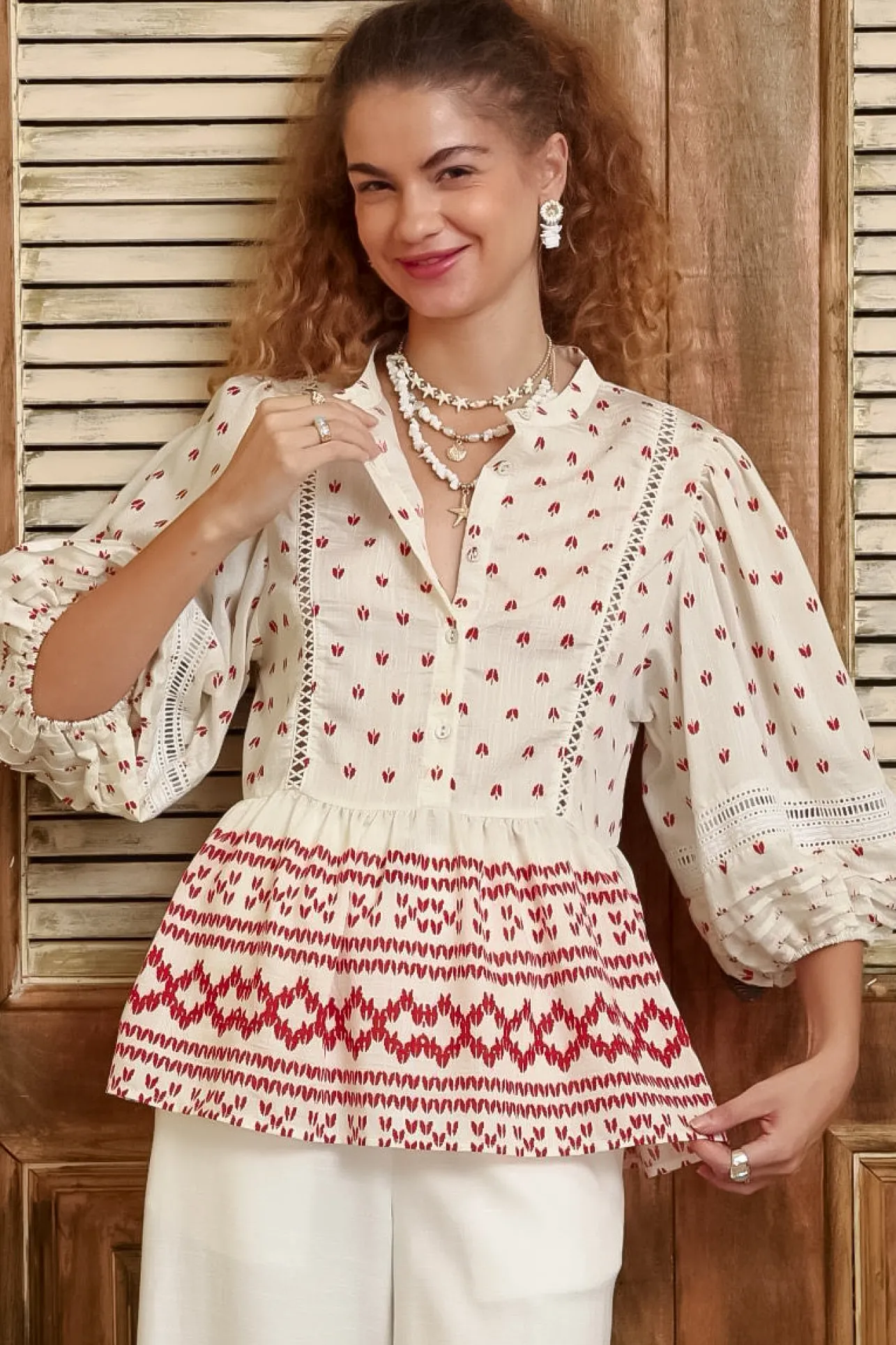 Nova Top - Mandarin Collar Pull Over Pleat Detailed Top in Fay Print>Salty Crush Online