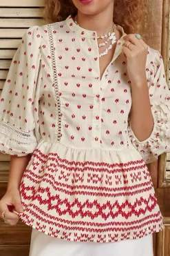 Nova Top - Mandarin Collar Pull Over Pleat Detailed Top in Fay Print><noscript><img width=