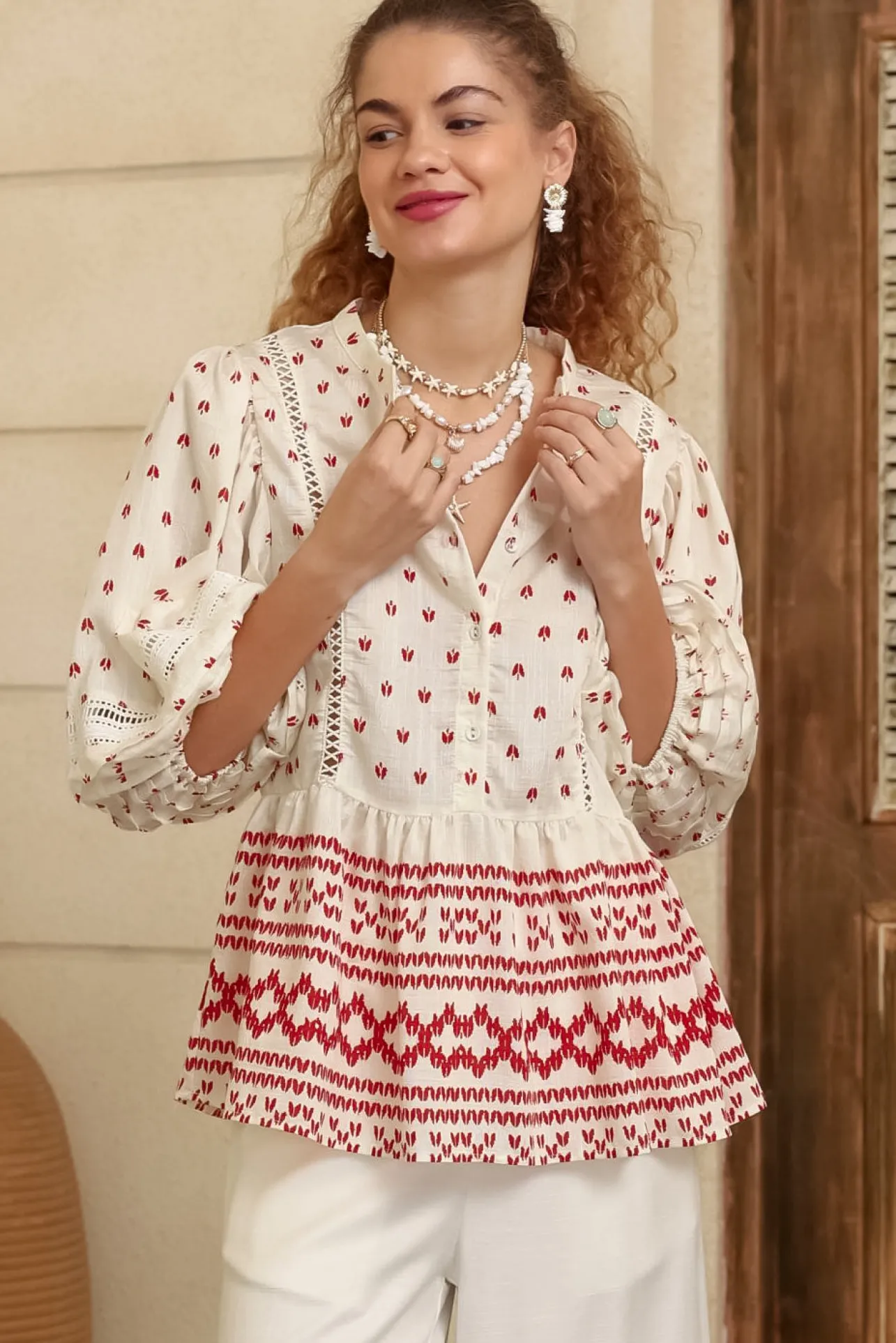 Nova Top - Mandarin Collar Pull Over Pleat Detailed Top in Fay Print>Salty Crush Online