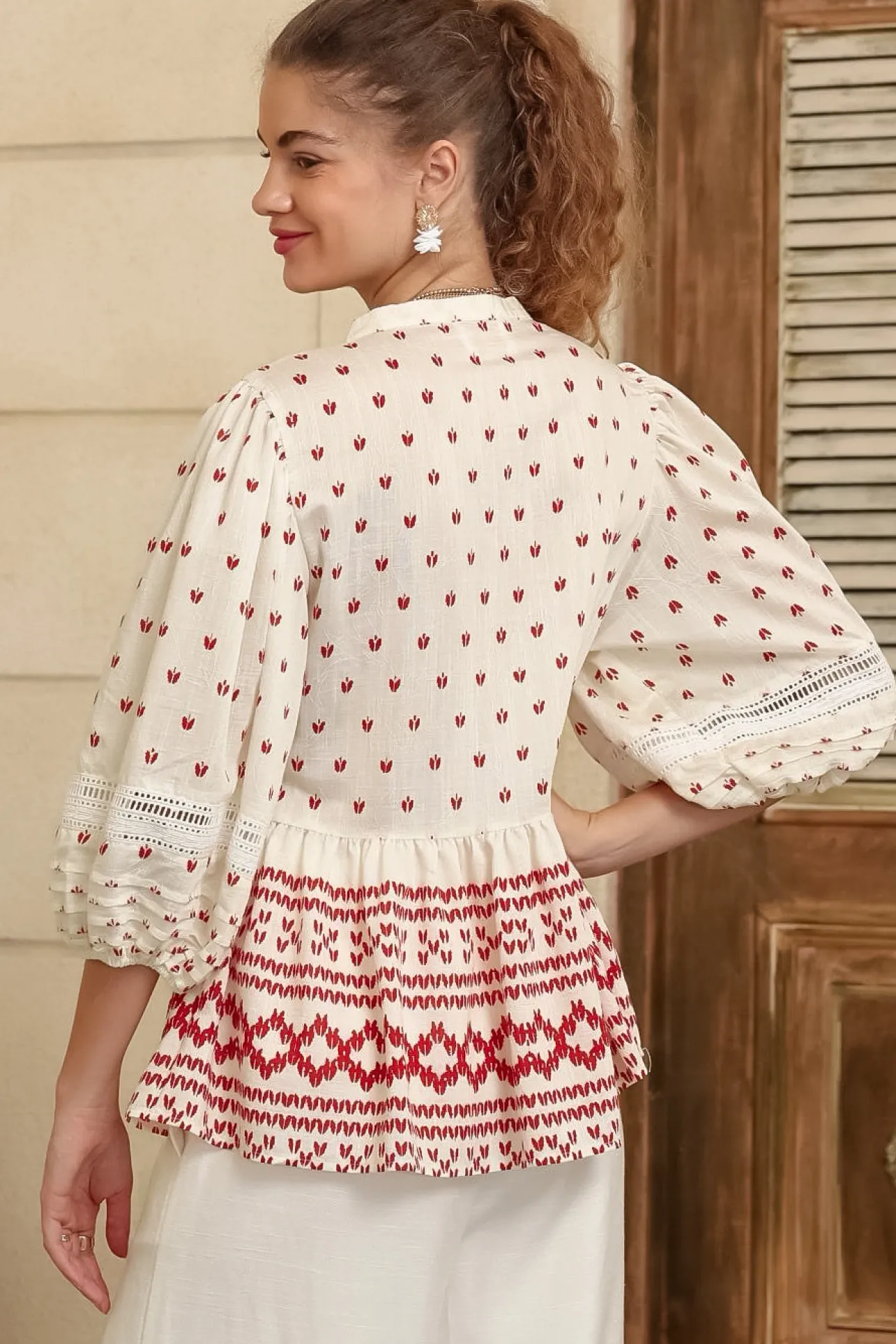Nova Top - Mandarin Collar Pull Over Pleat Detailed Top in Fay Print>Salty Crush Online