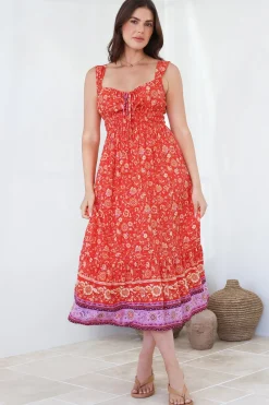 Nyra Midi Dress - Thick Strap Tie at Neckline A-Line Sun Dress in Maevi Print>Salty Crush New