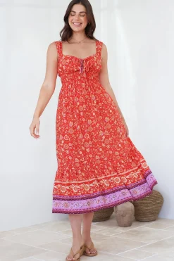 Nyra Midi Dress - Thick Strap Tie at Neckline A-Line Sun Dress in Maevi Print><noscript><img width=