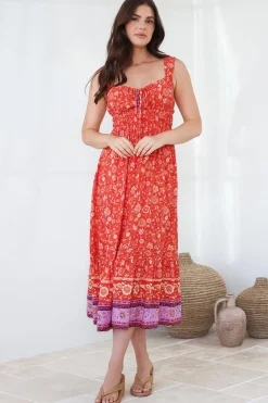 Nyra Midi Dress - Thick Strap Tie at Neckline A-Line Sun Dress in Maevi Print><noscript><img width=