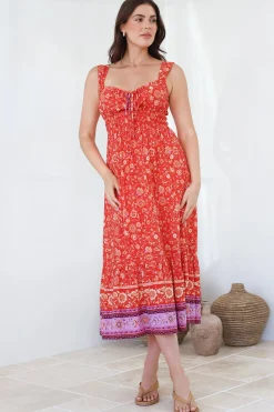 Nyra Midi Dress - Thick Strap Tie at Neckline A-Line Sun Dress in Maevi Print><noscript><img width=