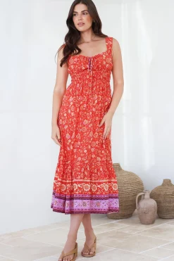 Nyra Midi Dress - Thick Strap Tie at Neckline A-Line Sun Dress in Maevi Print><noscript><img width=
