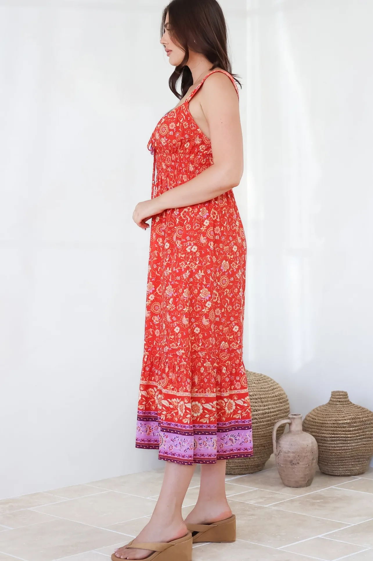 Nyra Midi Dress - Thick Strap Tie at Neckline A-Line Sun Dress in Maevi Print>Salty Crush New