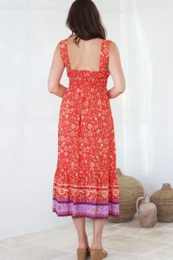 Nyra Midi Dress - Thick Strap Tie at Neckline A-Line Sun Dress in Maevi Print><noscript><img width=