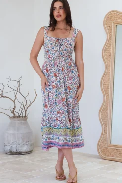Nyra Midi Dress - Thick Strap Tie at Neckline A-Line Sun Dress in Scottie Print>Salty Crush Best