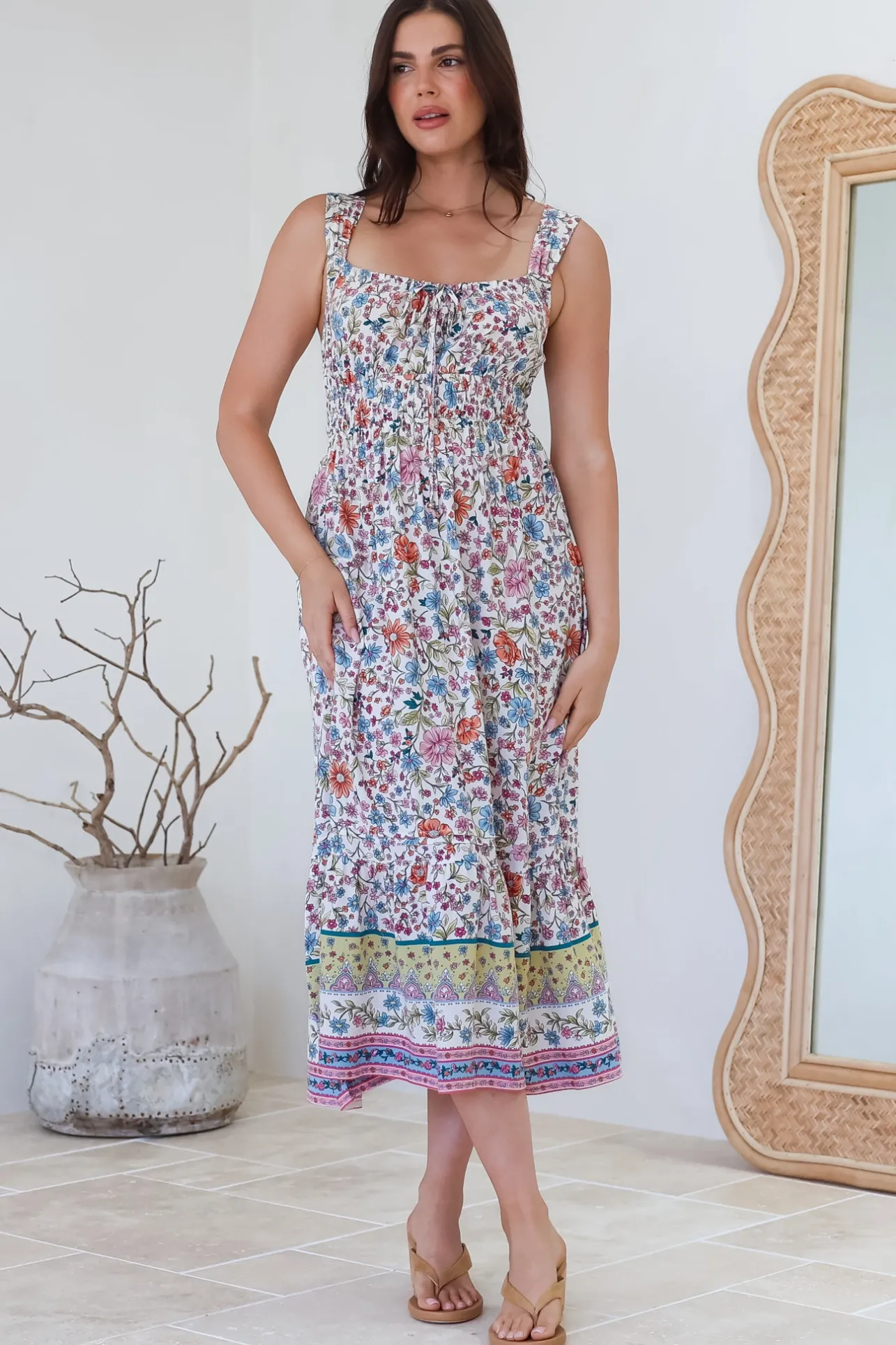 Nyra Midi Dress - Thick Strap Tie at Neckline A-Line Sun Dress in Scottie Print>Salty Crush Best