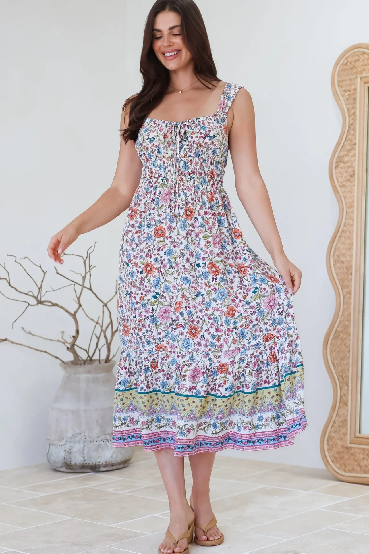 Nyra Midi Dress - Thick Strap Tie at Neckline A-Line Sun Dress in Scottie Print>Salty Crush Best