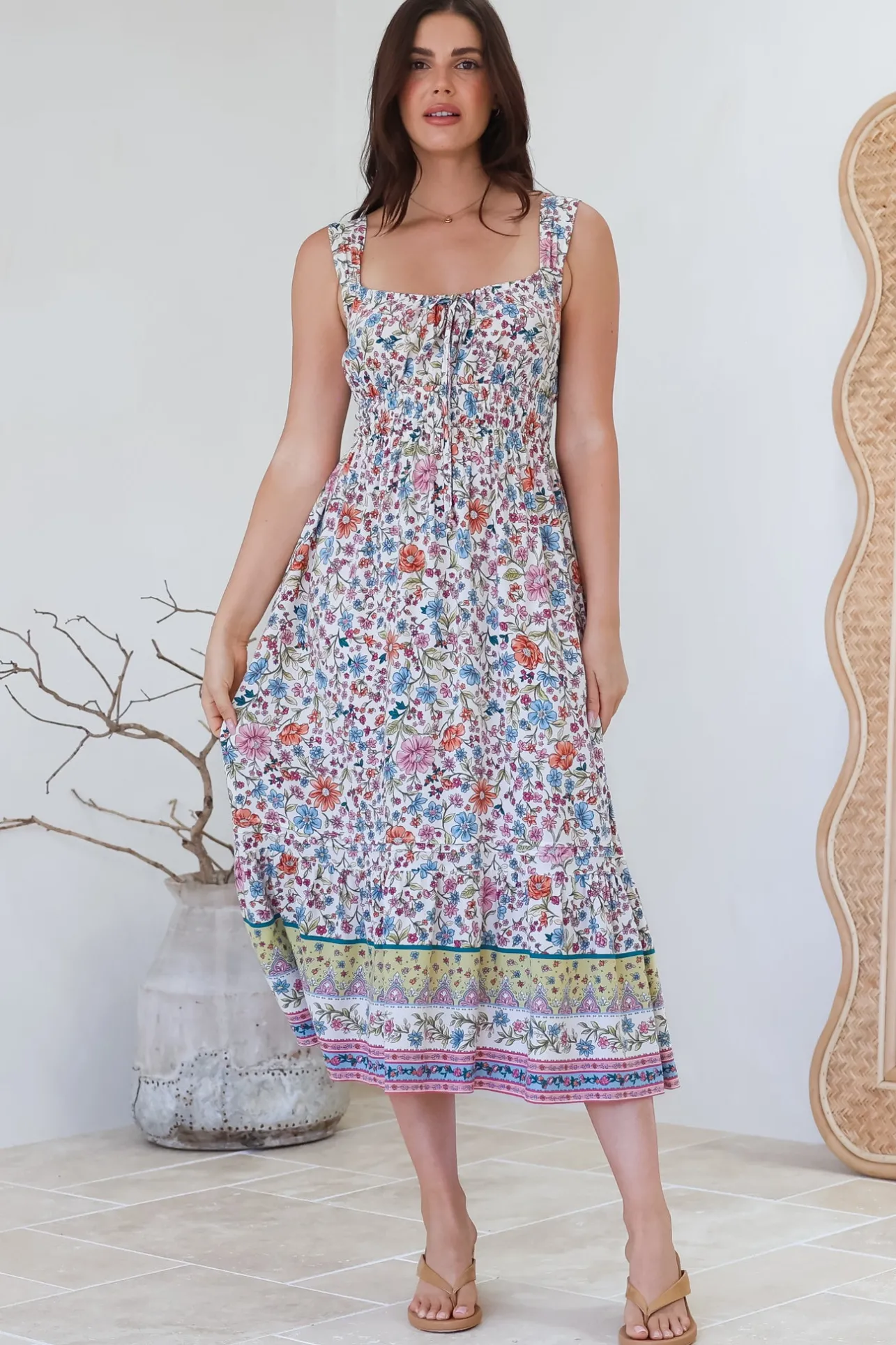 Nyra Midi Dress - Thick Strap Tie at Neckline A-Line Sun Dress in Scottie Print>Salty Crush Best