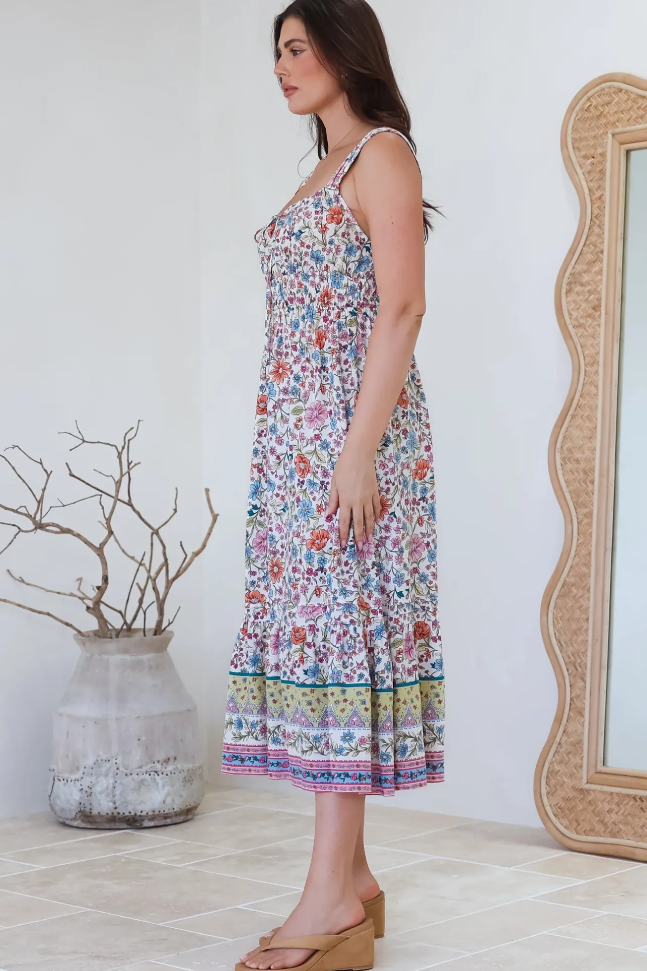 Nyra Midi Dress - Thick Strap Tie at Neckline A-Line Sun Dress in Scottie Print>Salty Crush Best