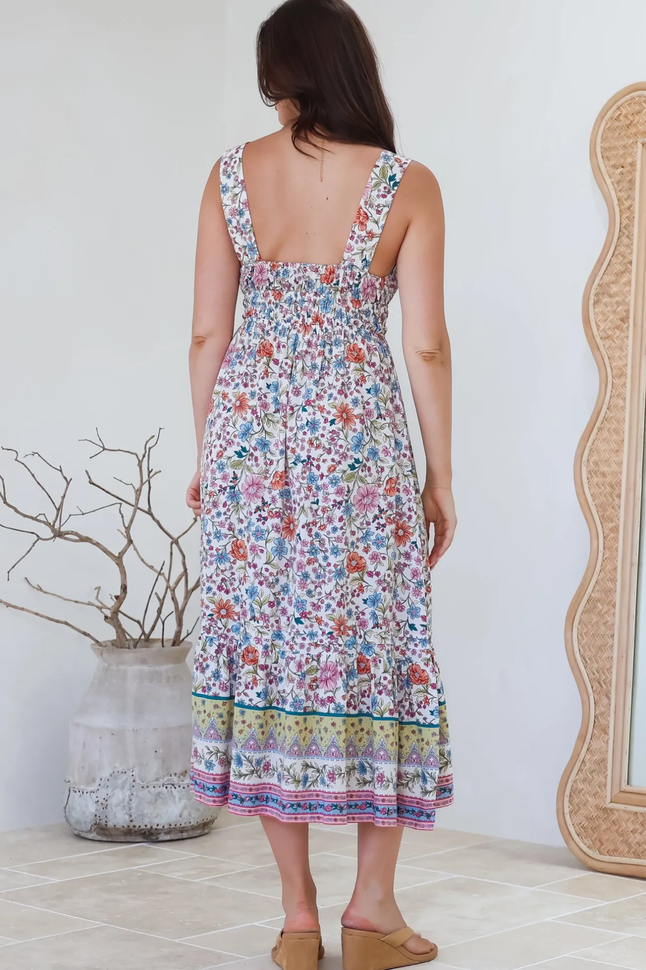 Nyra Midi Dress - Thick Strap Tie at Neckline A-Line Sun Dress in Scottie Print>Salty Crush Best