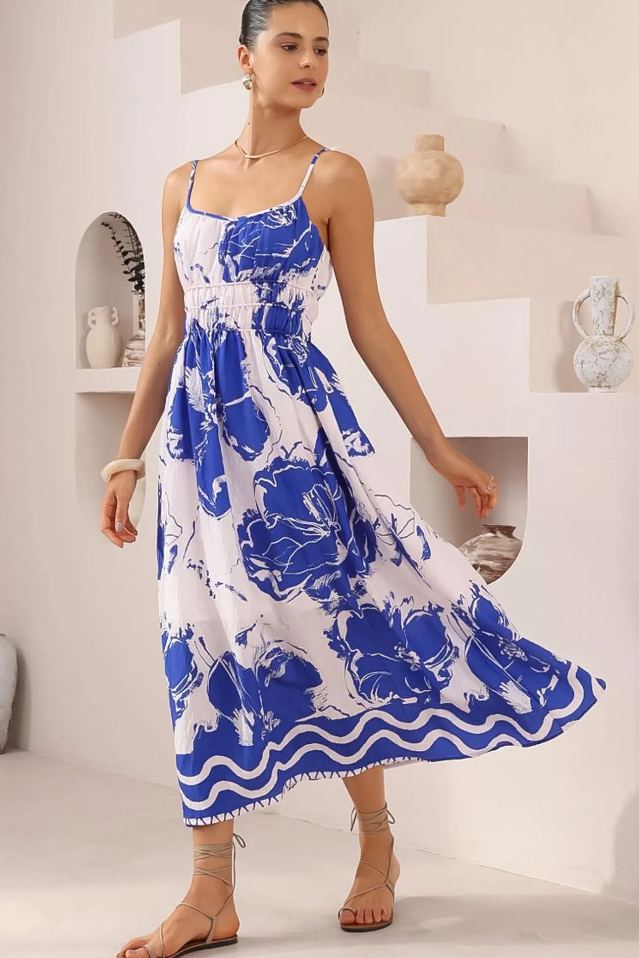Odelia Midi Dress - Gathered and Defined Bodice Sun Dress in Katiya Print>Salty Crush Sale