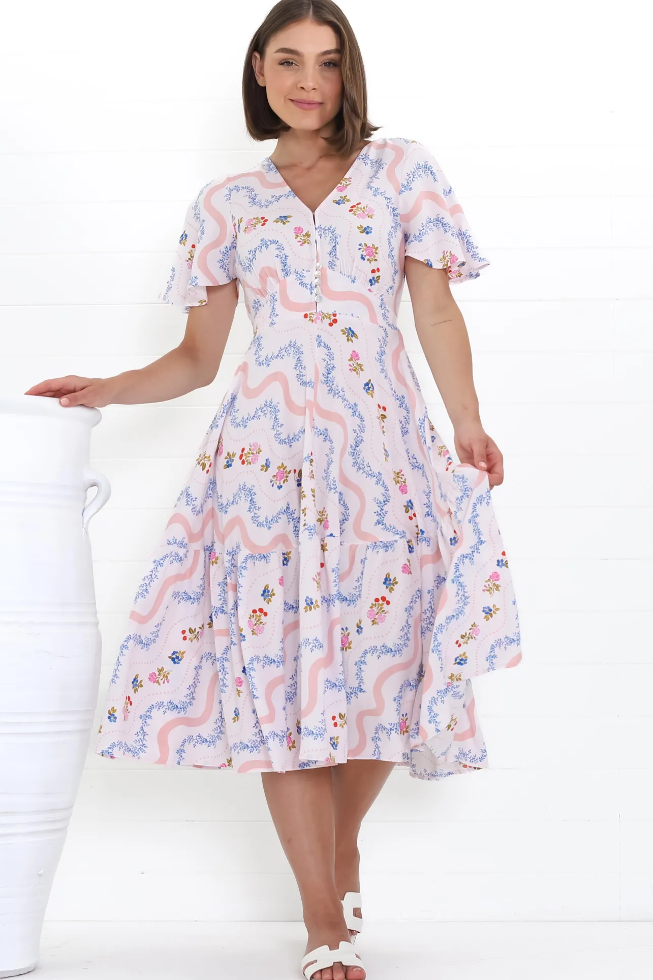 Odette Midi Dress - Flutter Cap Sleeve Button Waist A Line Dress in Annabelle Print>Salty Crush Best