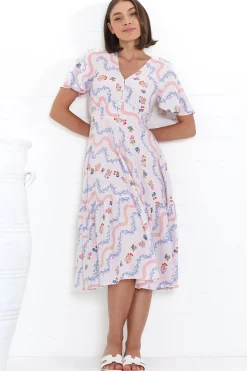 Odette Midi Dress - Flutter Cap Sleeve Button Waist A Line Dress in Annabelle Print><noscript><img width=