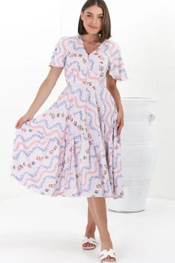 Odette Midi Dress - Flutter Cap Sleeve Button Waist A Line Dress in Annabelle Print><noscript><img width=