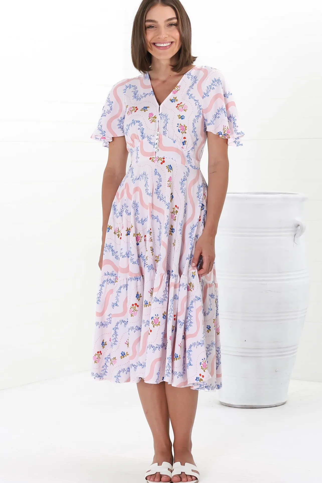 Odette Midi Dress - Flutter Cap Sleeve Button Waist A Line Dress in Annabelle Print>Salty Crush Best