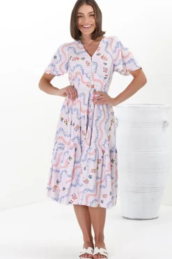 Odette Midi Dress - Flutter Cap Sleeve Button Waist A Line Dress in Annabelle Print><noscript><img width=