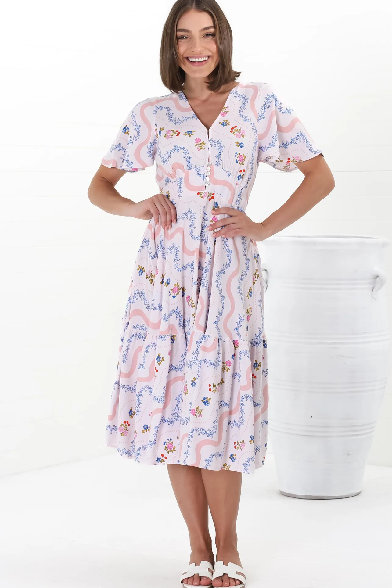 Odette Midi Dress - Flutter Cap Sleeve Button Waist A Line Dress in Annabelle Print>Salty Crush Best