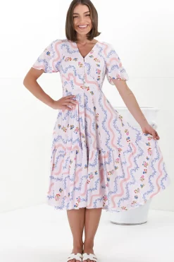 Odette Midi Dress - Flutter Cap Sleeve Button Waist A Line Dress in Annabelle Print><noscript><img width=