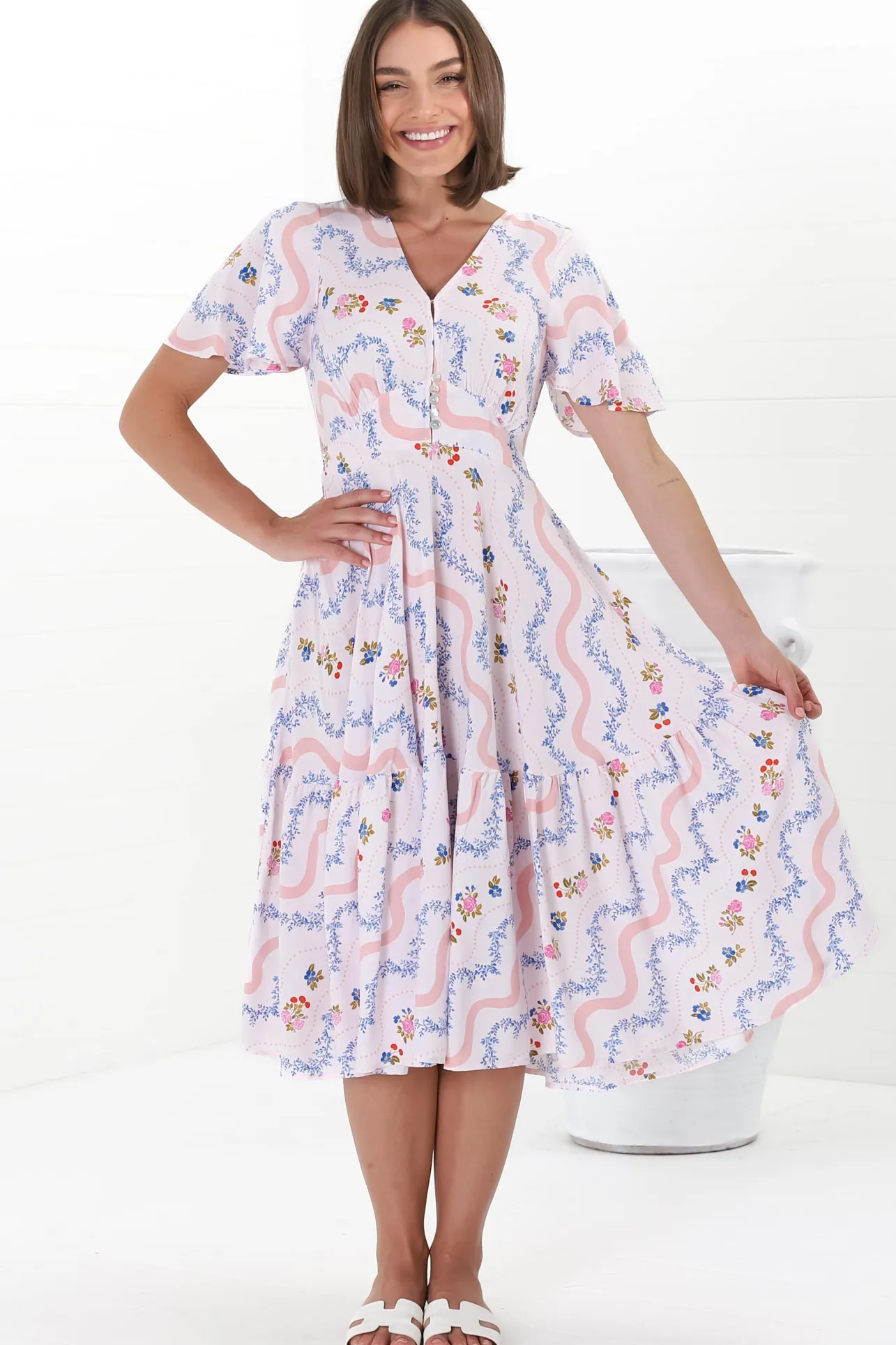 Odette Midi Dress - Flutter Cap Sleeve Button Waist A Line Dress in Annabelle Print>Salty Crush Best