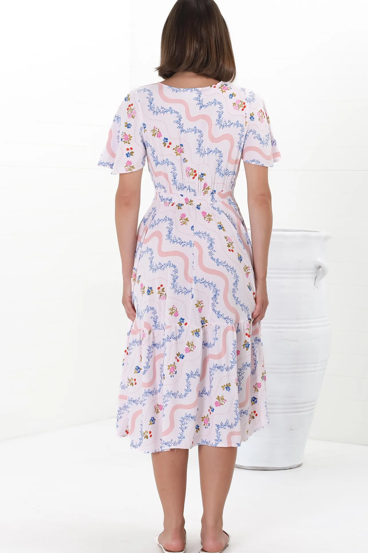 Odette Midi Dress - Flutter Cap Sleeve Button Waist A Line Dress in Annabelle Print>Salty Crush Best