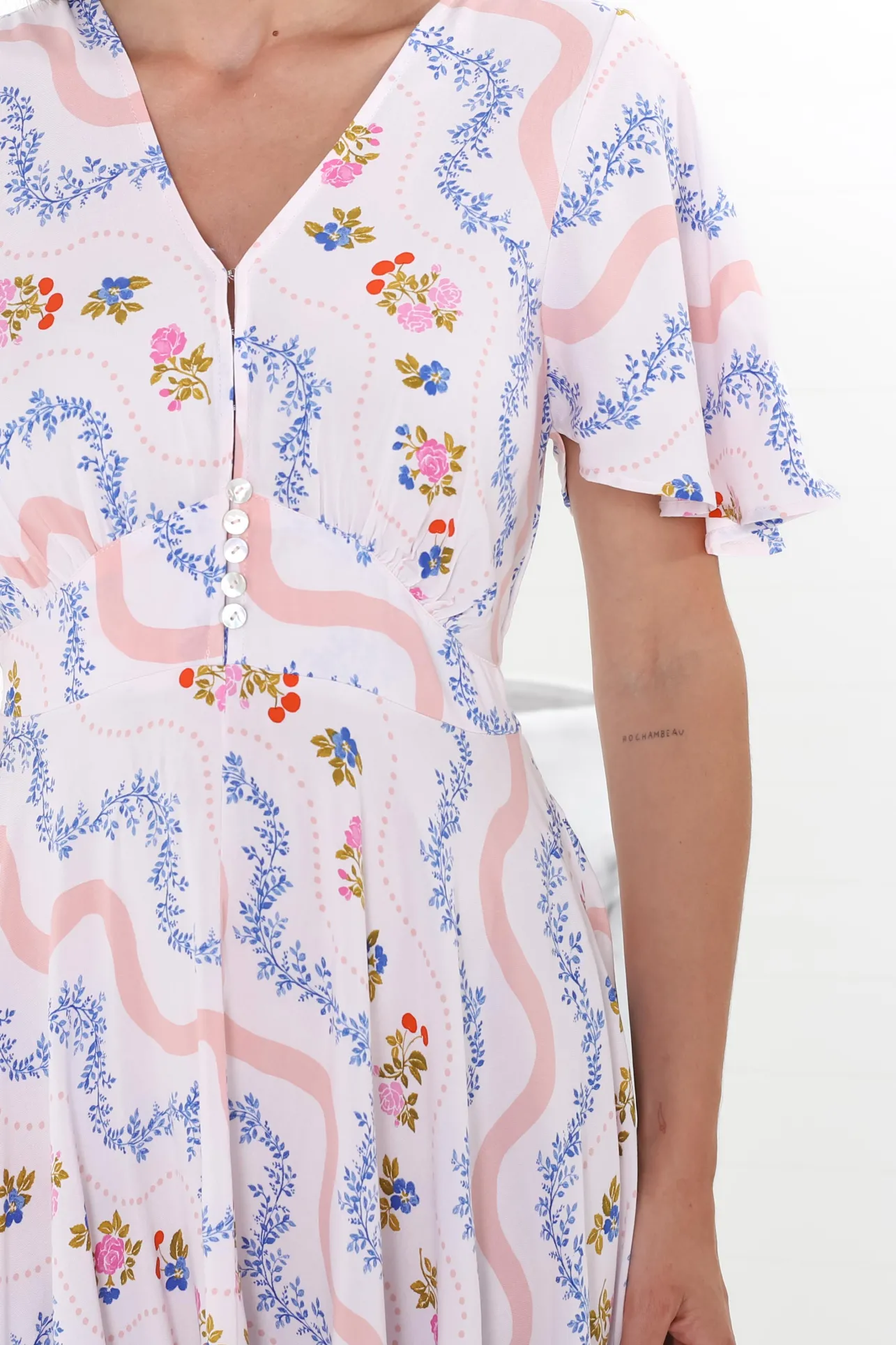 Odette Midi Dress - Flutter Cap Sleeve Button Waist A Line Dress in Annabelle Print>Salty Crush Best