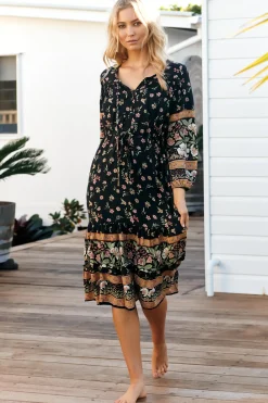 Olly Midi Dress: V Neck Pull in Waist Tie Tiered Dress in Eternity Print><noscript><img width=