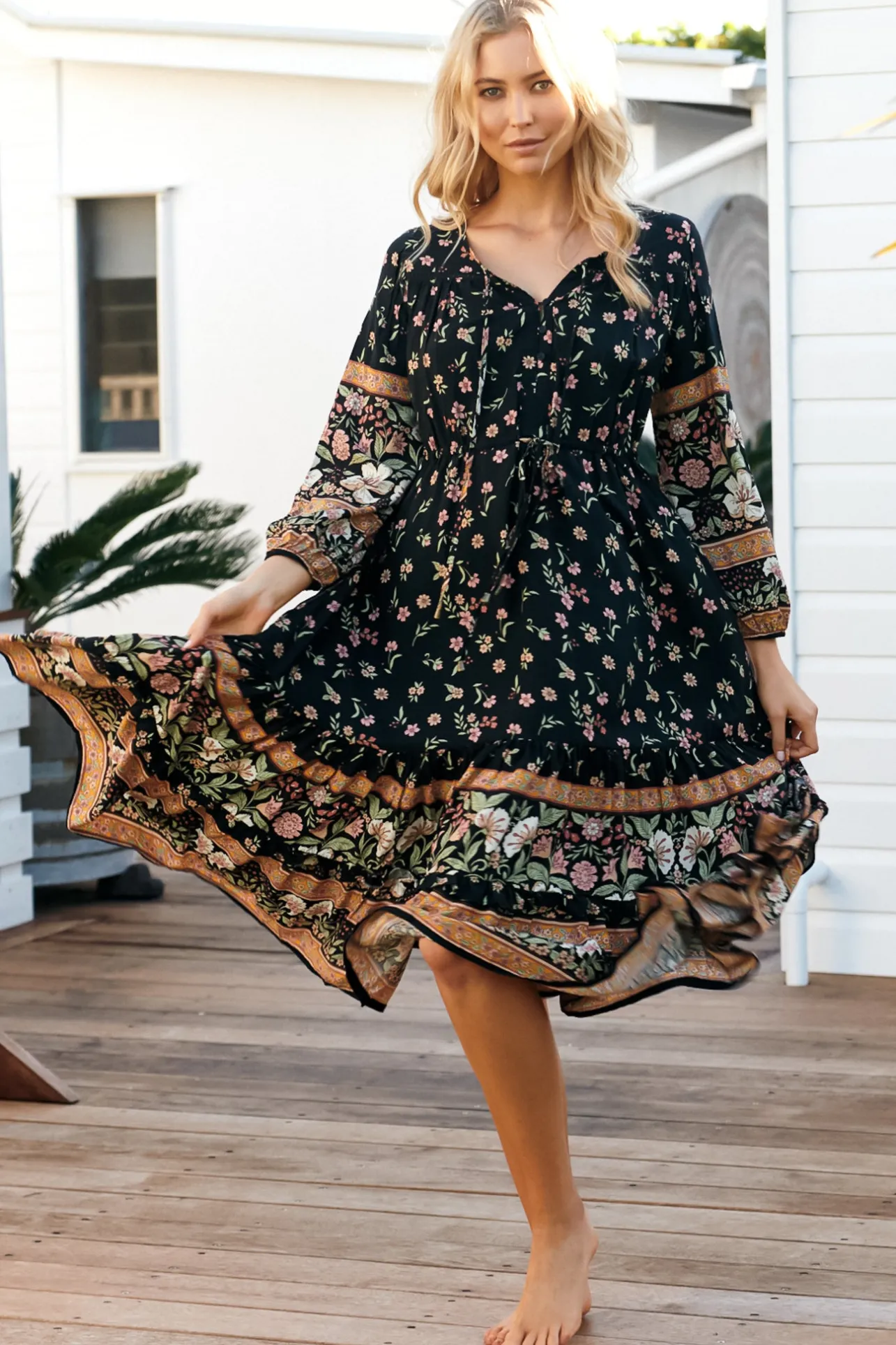 Olly Midi Dress: V Neck Pull in Waist Tie Tiered Dress in Eternity Print>Jaase Outlet