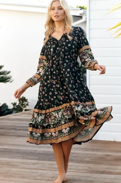 Olly Midi Dress: V Neck Pull in Waist Tie Tiered Dress in Eternity Print><noscript><img width=