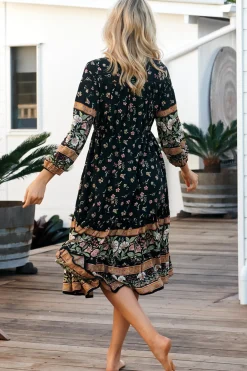 Olly Midi Dress: V Neck Pull in Waist Tie Tiered Dress in Eternity Print><noscript><img width=