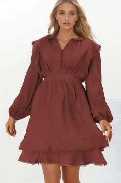 Ophilia Mini Dress - Frill Detailed A-Line Dress with Balloon Sleeves in Wine><noscript><img width=