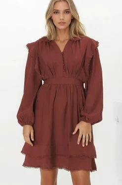 Ophilia Mini Dress - Frill Detailed A-Line Dress with Balloon Sleeves in Wine><noscript><img width=