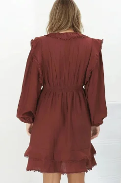Ophilia Mini Dress - Frill Detailed A-Line Dress with Balloon Sleeves in Wine><noscript><img width=
