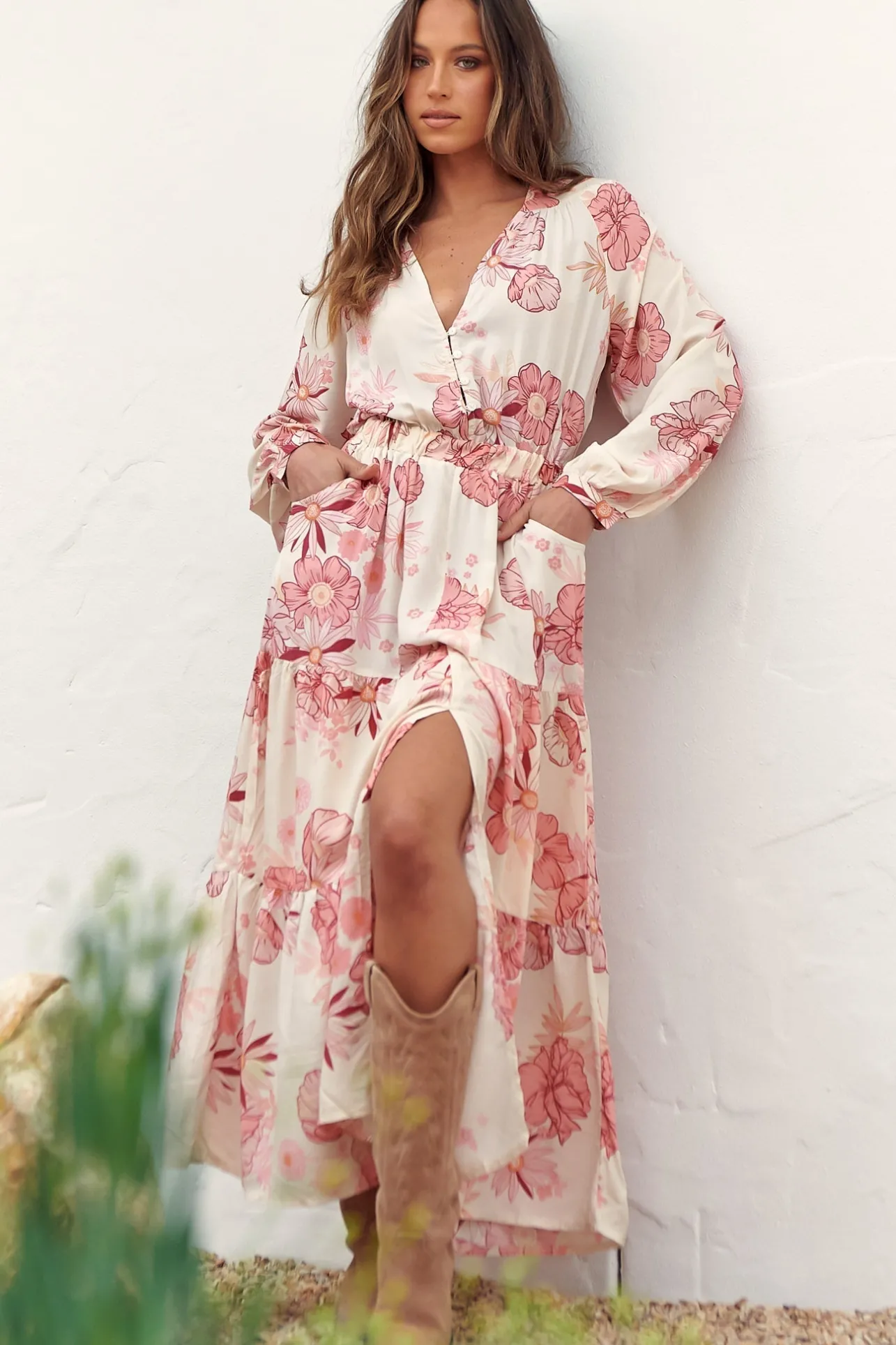 Otto Maxi Dress - Deep V Neck Long Sleeve Dress with Pockets in Lucie Print>Jaase Discount