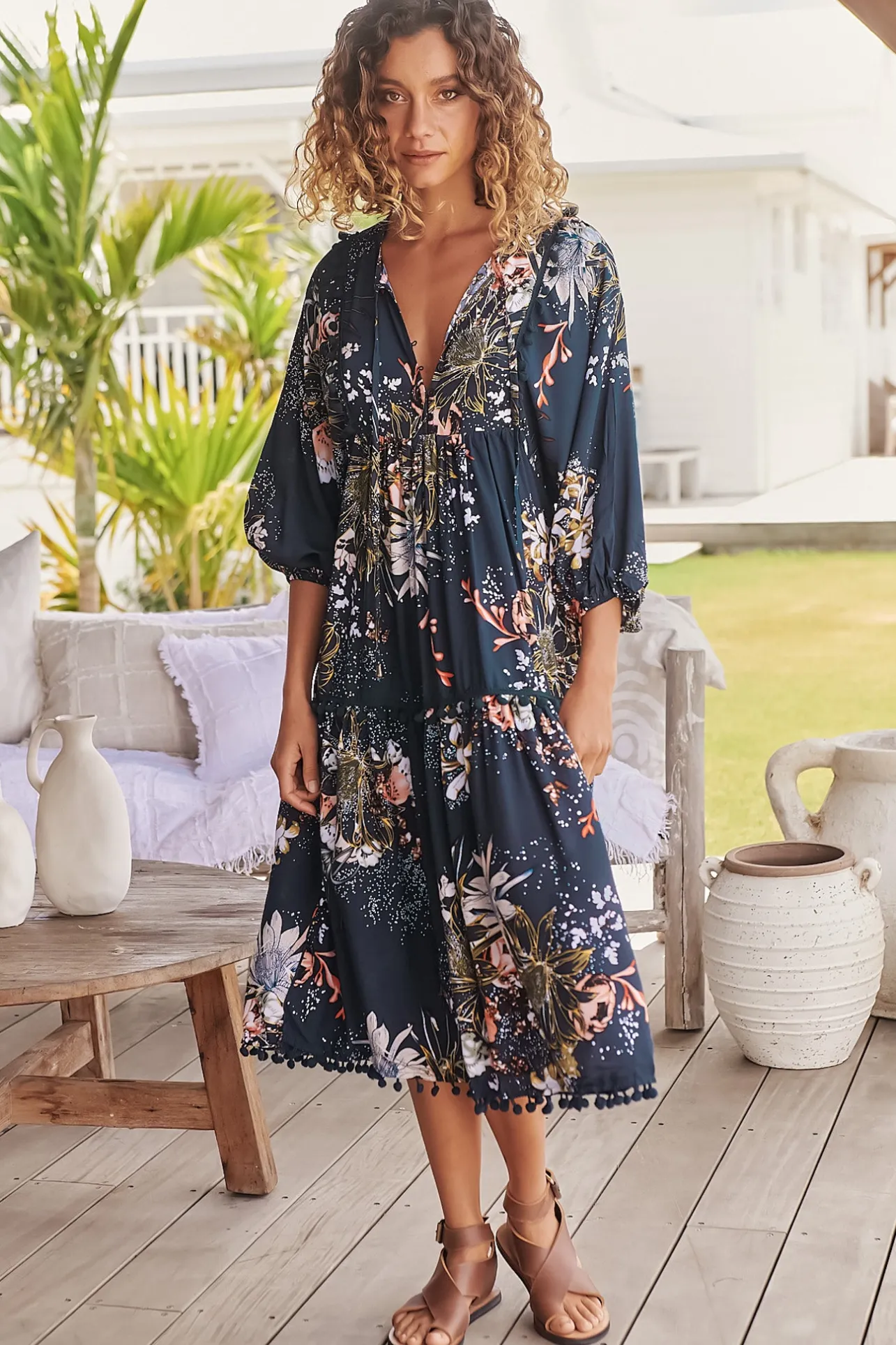 Palace Midi Dress - Pom Pom Spliced Batwing Sleeve Dress with Neck Tie in Indigo Print>Jaase Best