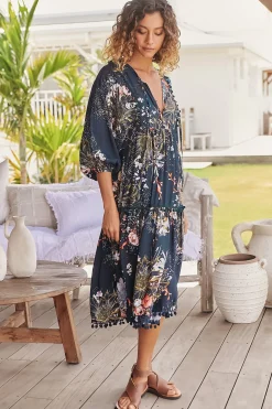 Palace Midi Dress - Pom Pom Spliced Batwing Sleeve Dress with Neck Tie in Indigo Print><noscript><img width=
