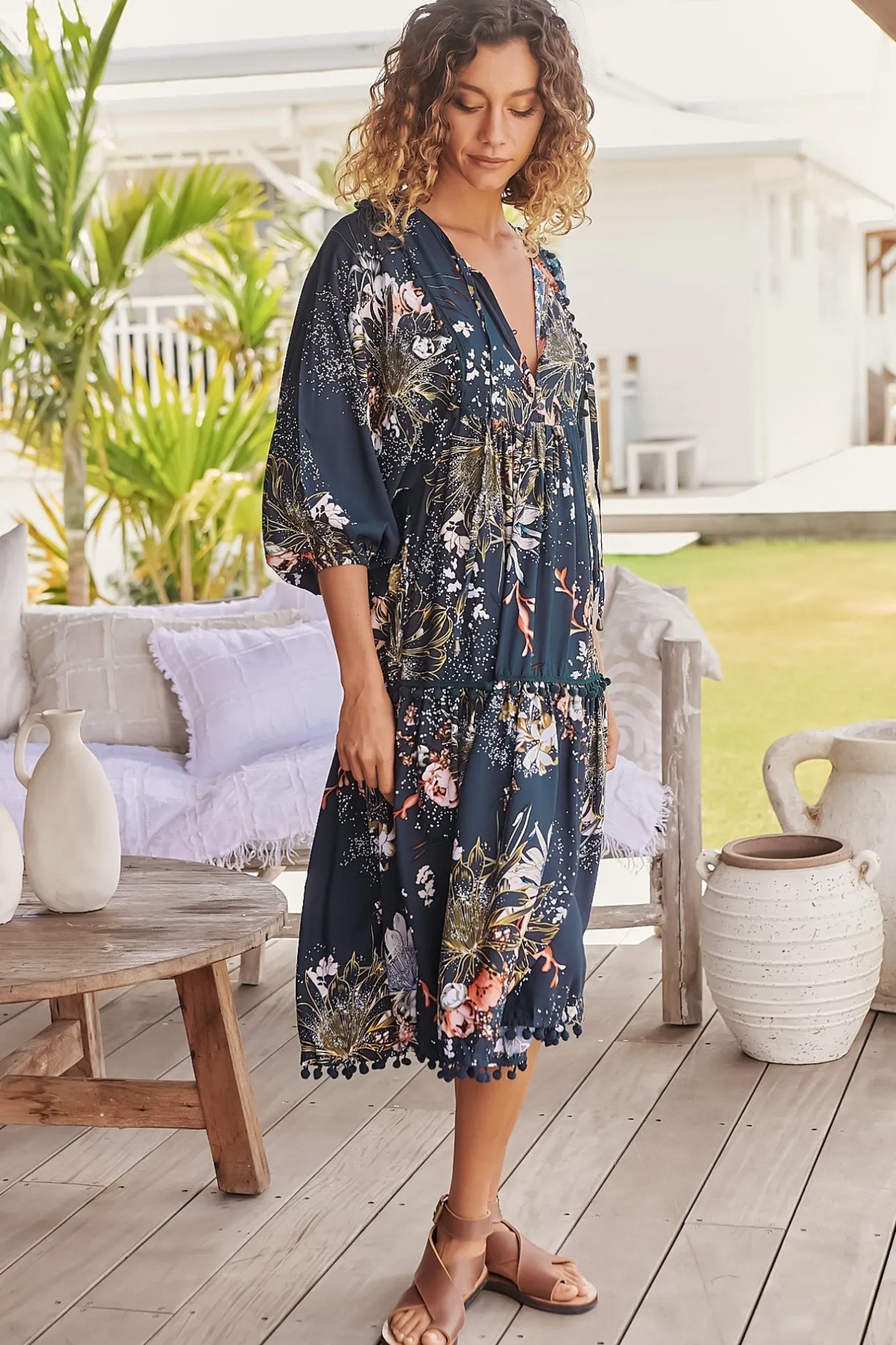Palace Midi Dress - Pom Pom Spliced Batwing Sleeve Dress with Neck Tie in Indigo Print>Jaase Best