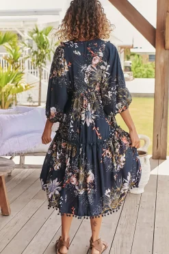 Palace Midi Dress - Pom Pom Spliced Batwing Sleeve Dress with Neck Tie in Indigo Print><noscript><img width=